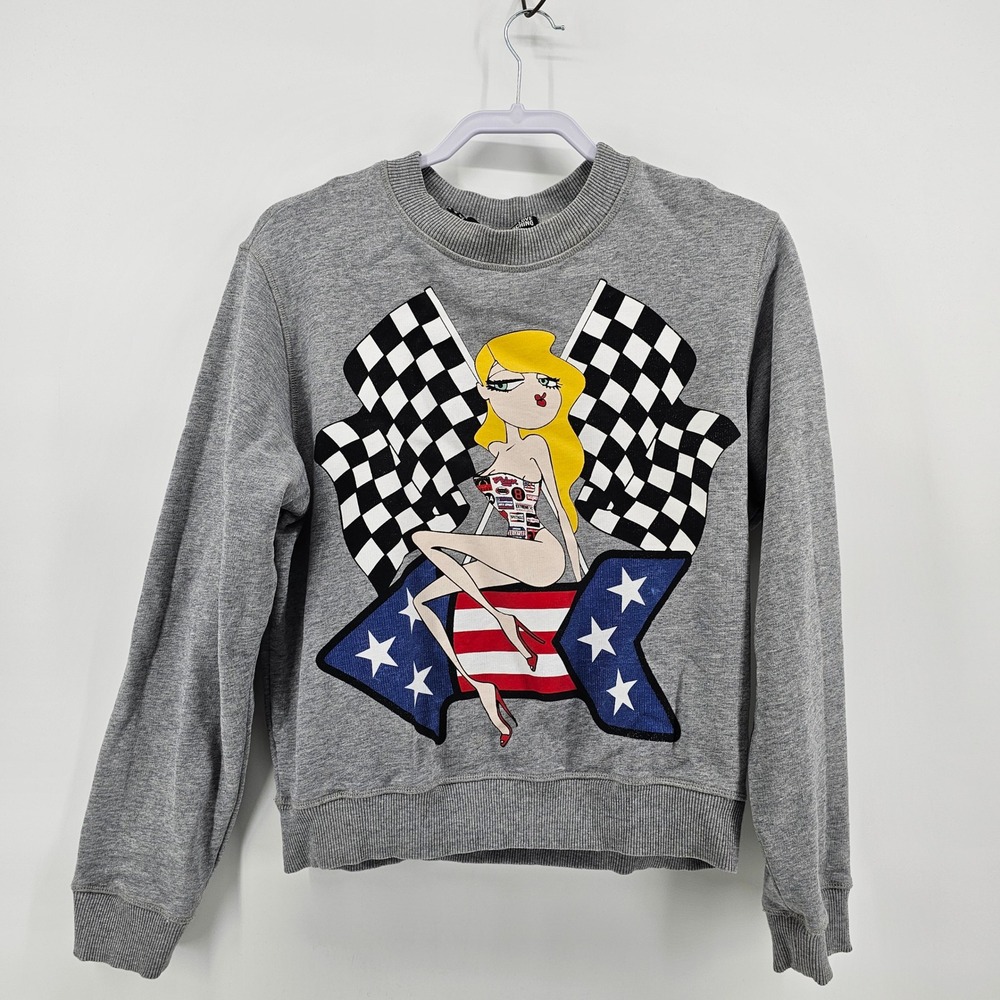 Love Moschino Sweatshirt Women 6 Gray Racing Pinup Graphic Crew Neck Pullover